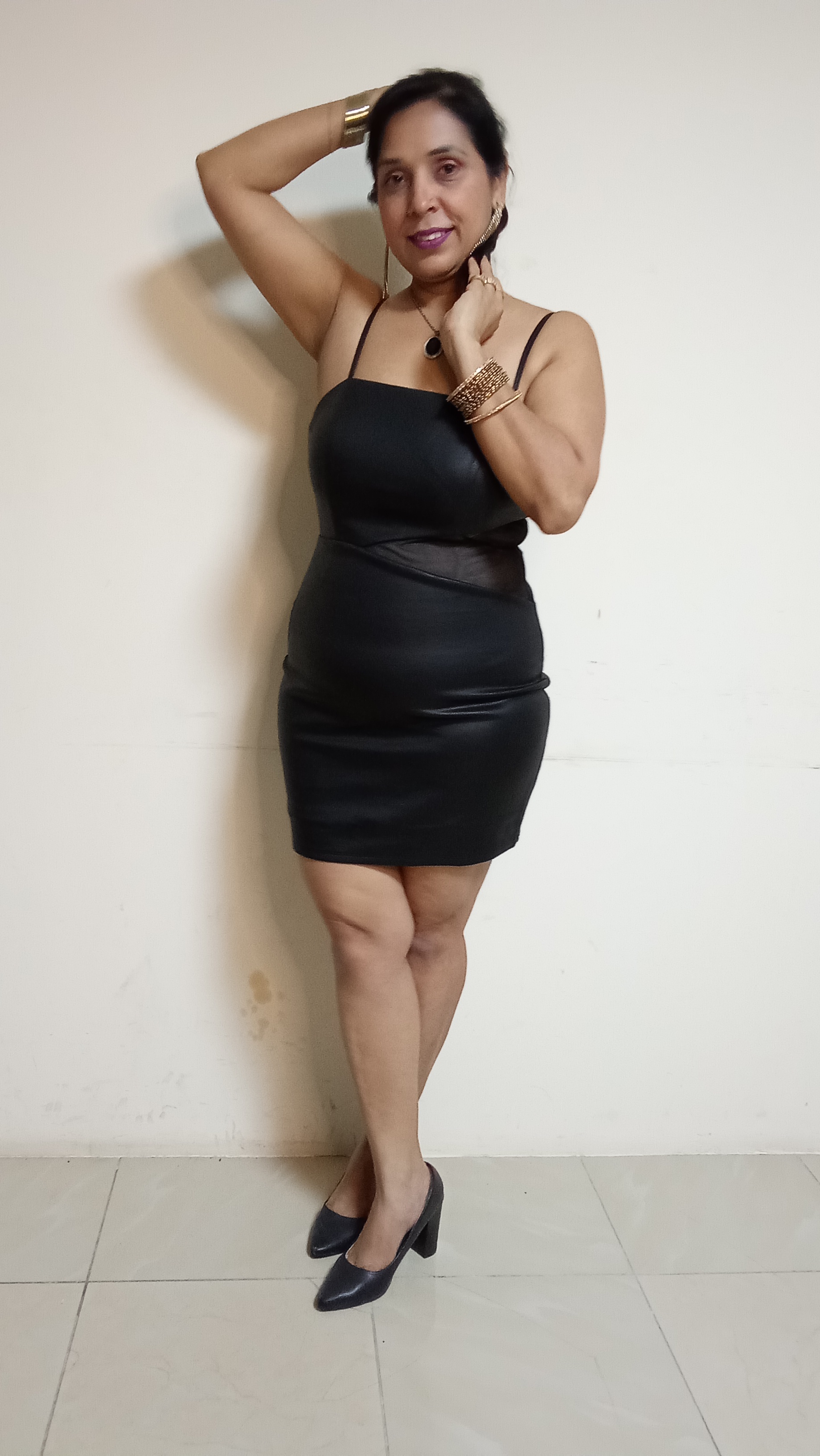 Midnight Onyx Faux-Leather Mini Dress with Sheer Mesh Waist Cut-Out