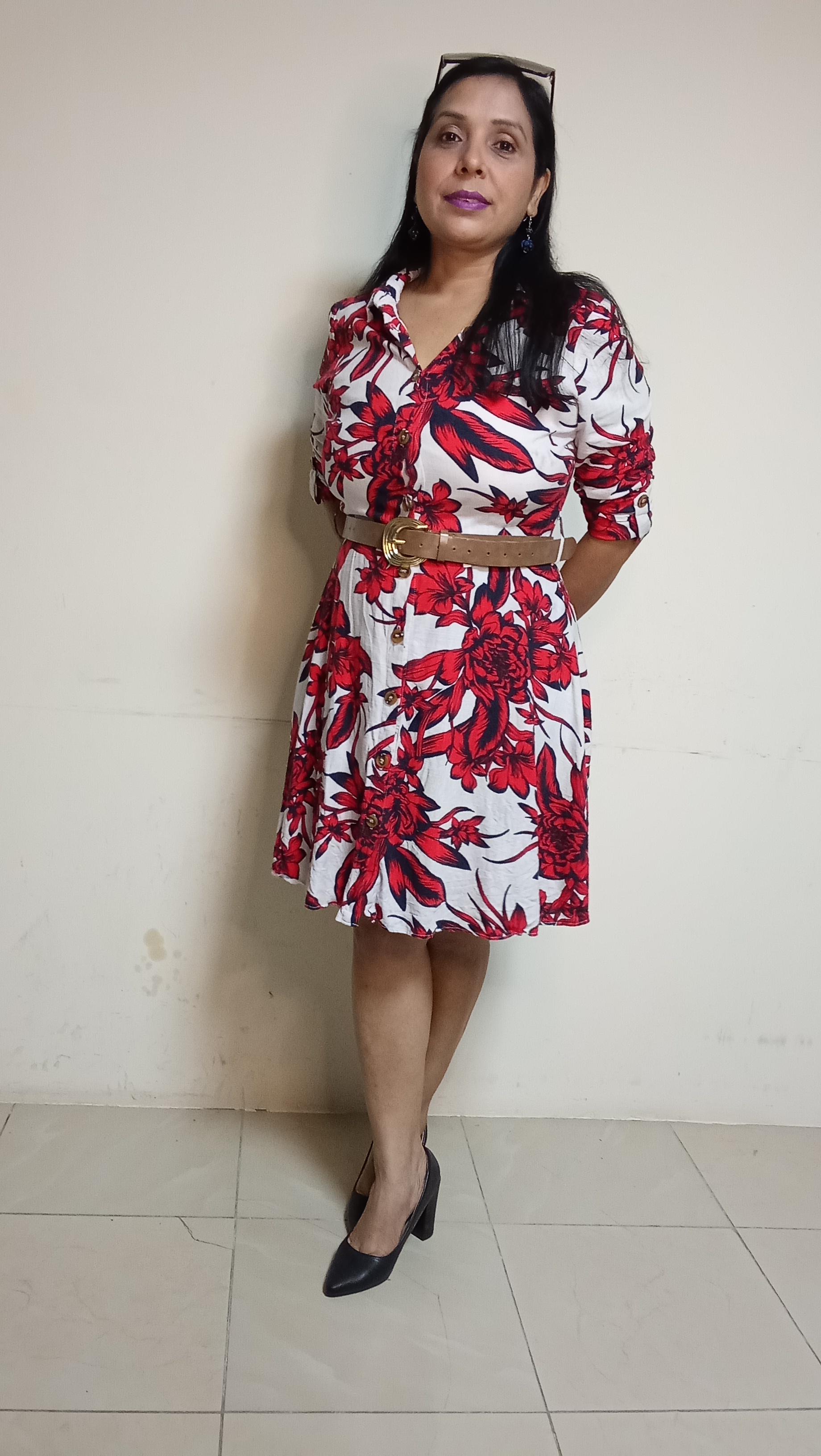 Crimson Bloom Button-Down Shirt Dress