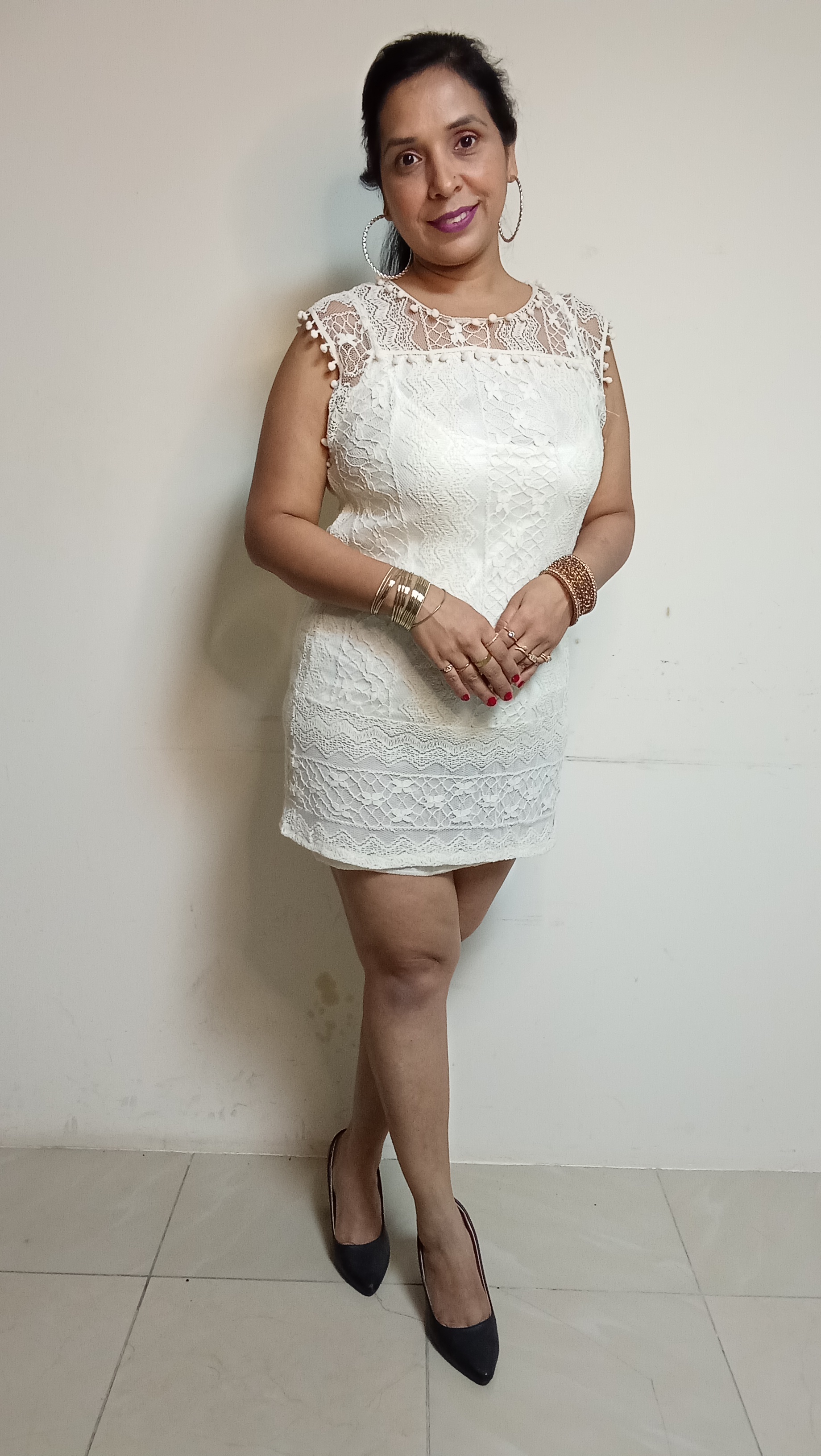 Ivory Lace Mini Dress with Pom-Pom Trim & Illusion Neckline