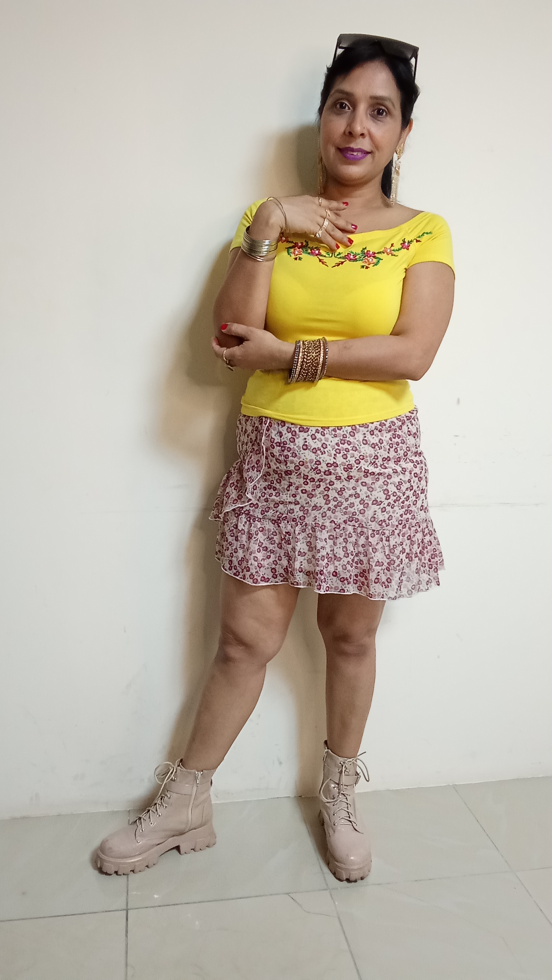 Marigold Embroidered Tee & Floral Ruffle Mini Skirt Set