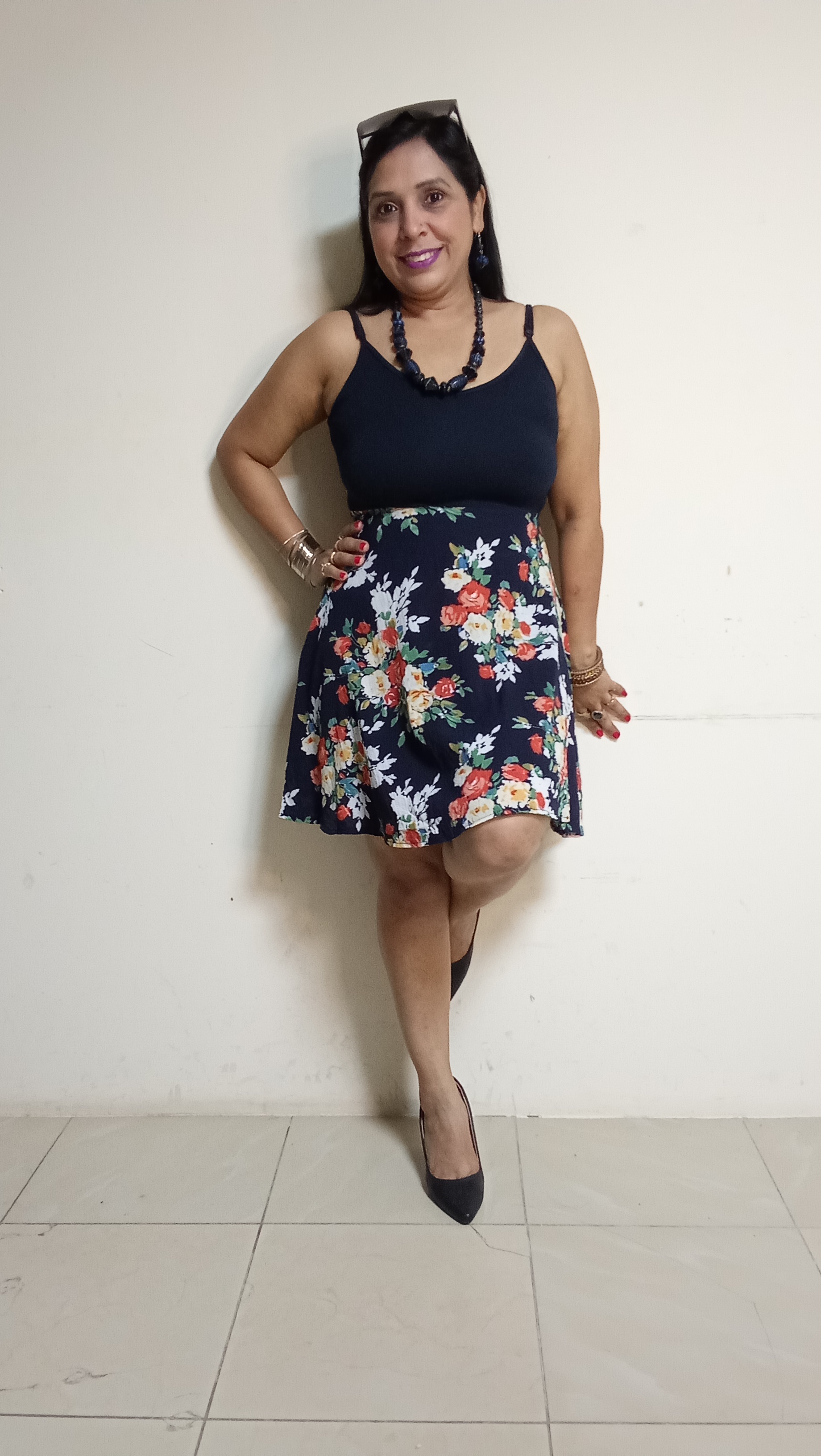 Botanical Horizon Two-Tone Skater Dress with Camisole Bodice