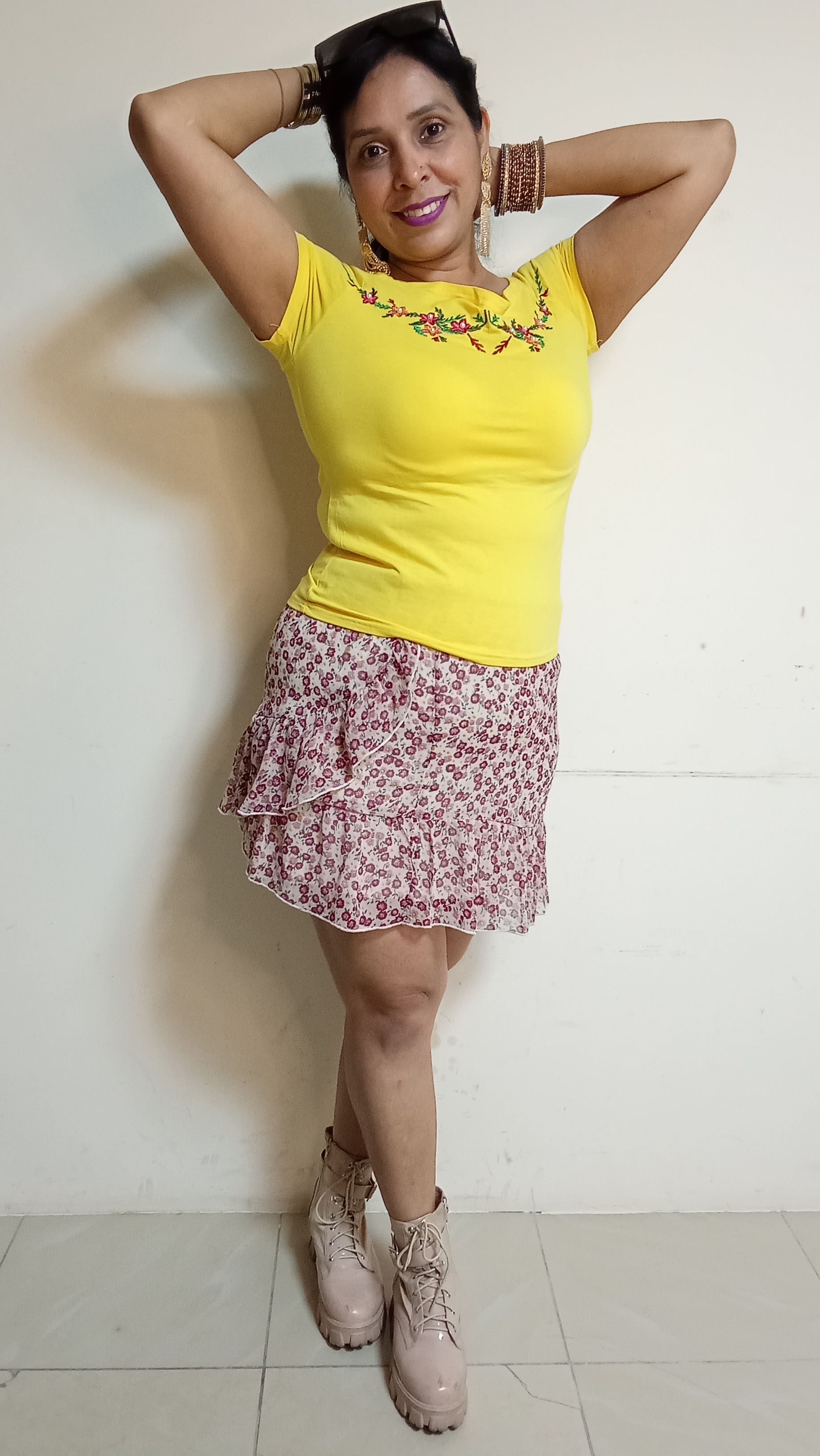 Marigold Embroidered Tee & Floral Ruffle Mini Skirt Set