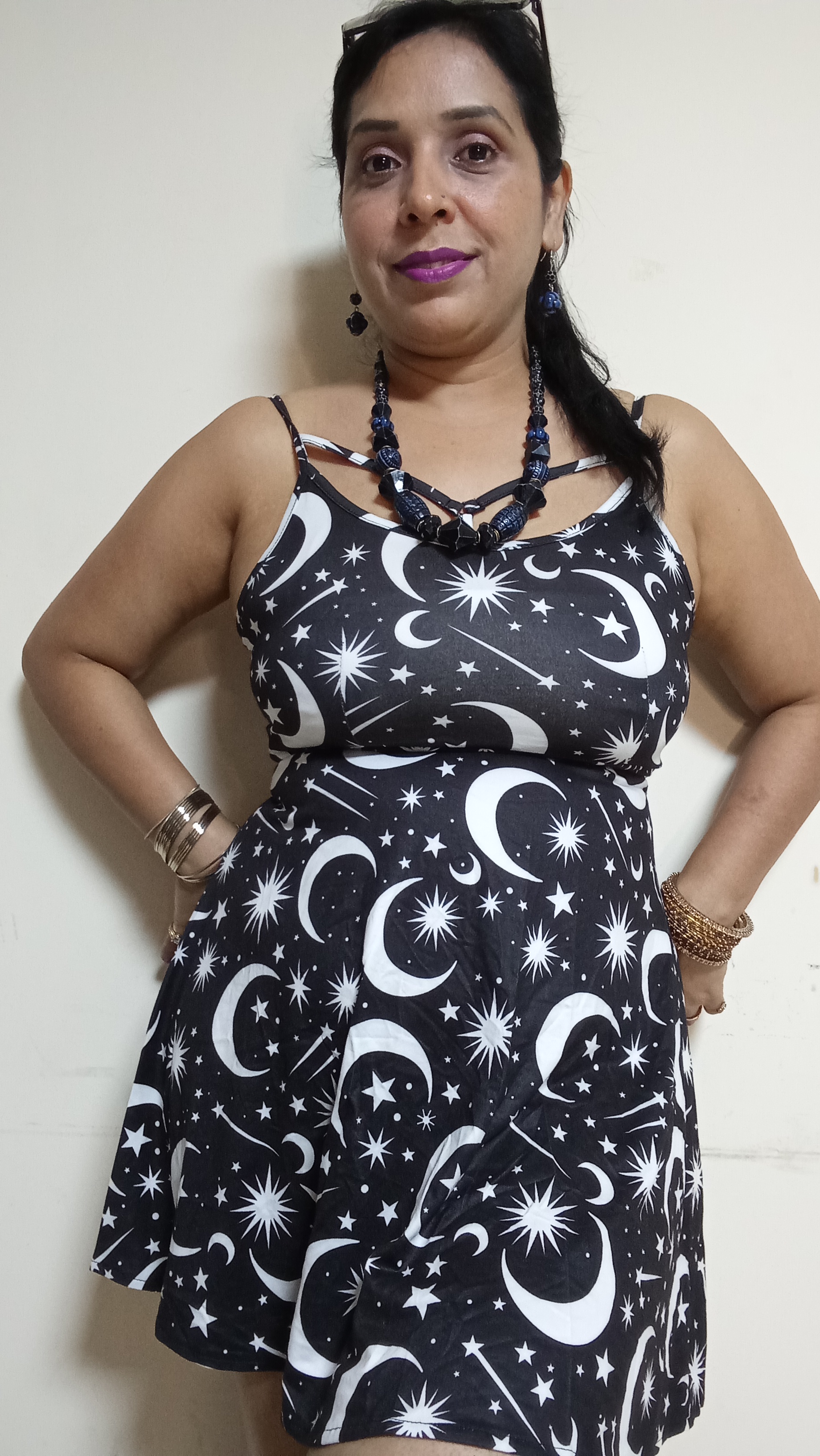 Celestial Midnight Mini Dress with Star & Crescent Moon Print