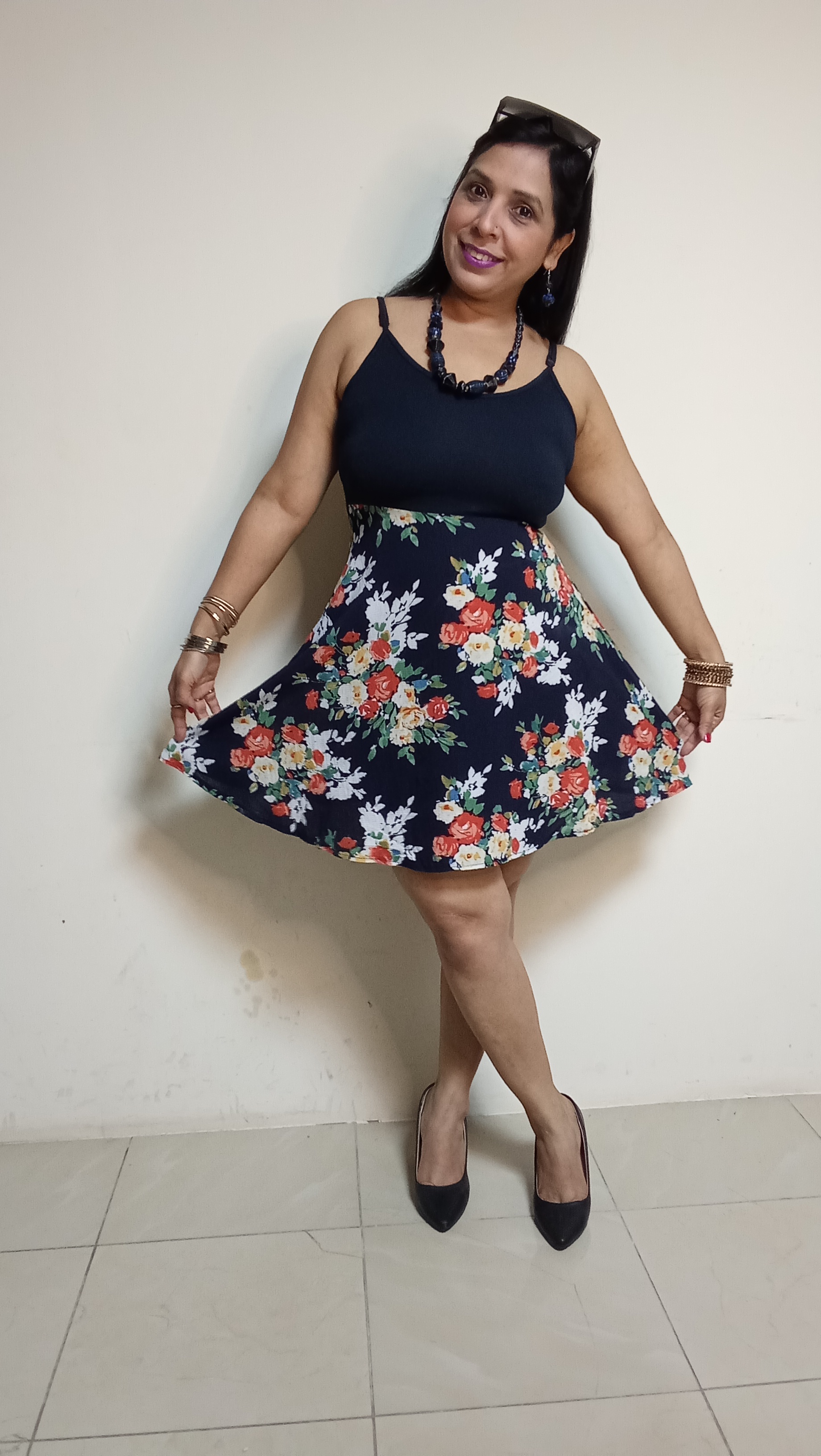 Botanical Horizon Two-Tone Skater Dress with Camisole Bodice