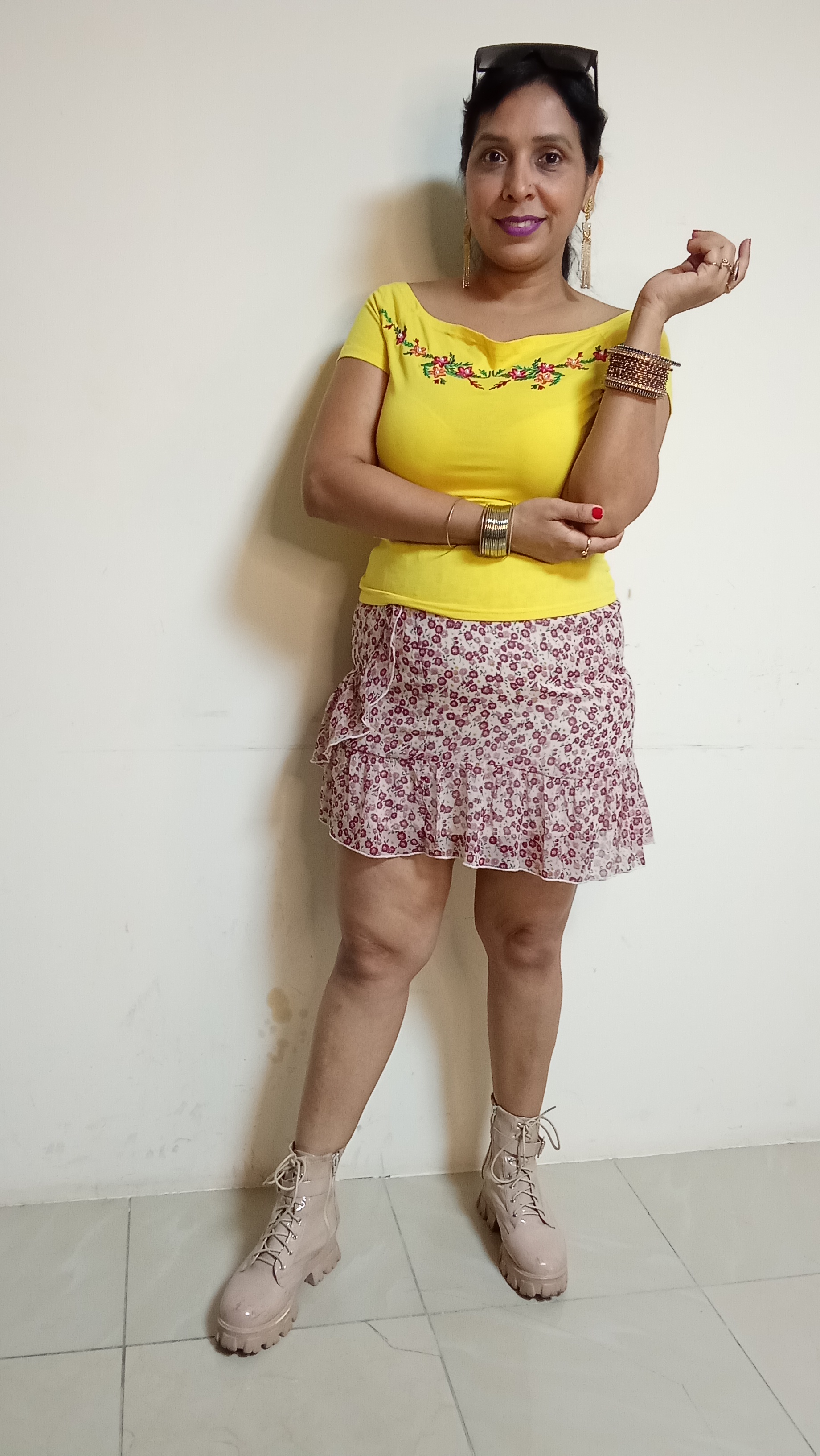 Marigold Embroidered Tee & Floral Ruffle Mini Skirt Set