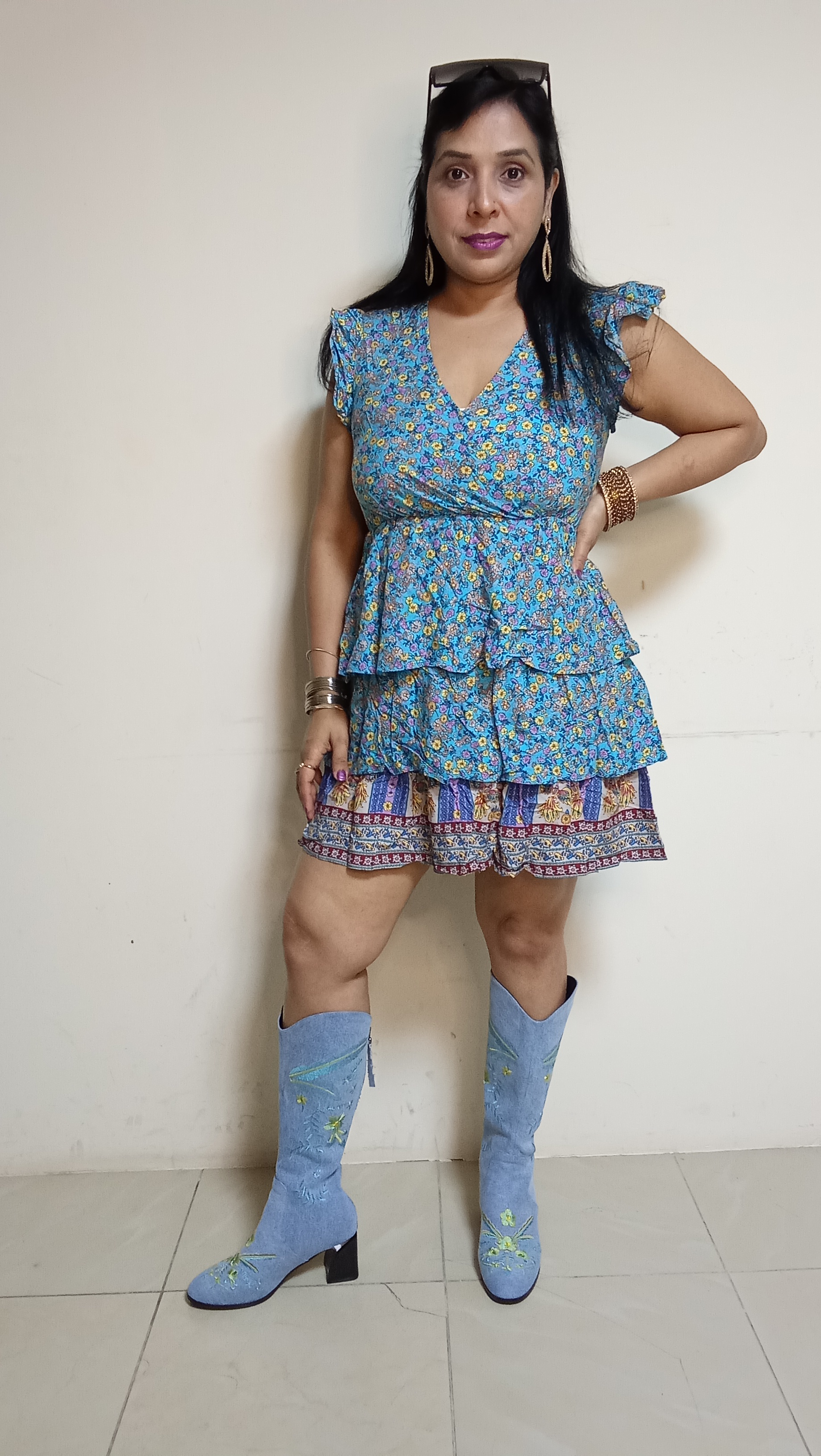 Cerulean Bloom Tiered Boho Mini Dress with Flutter Sleeves