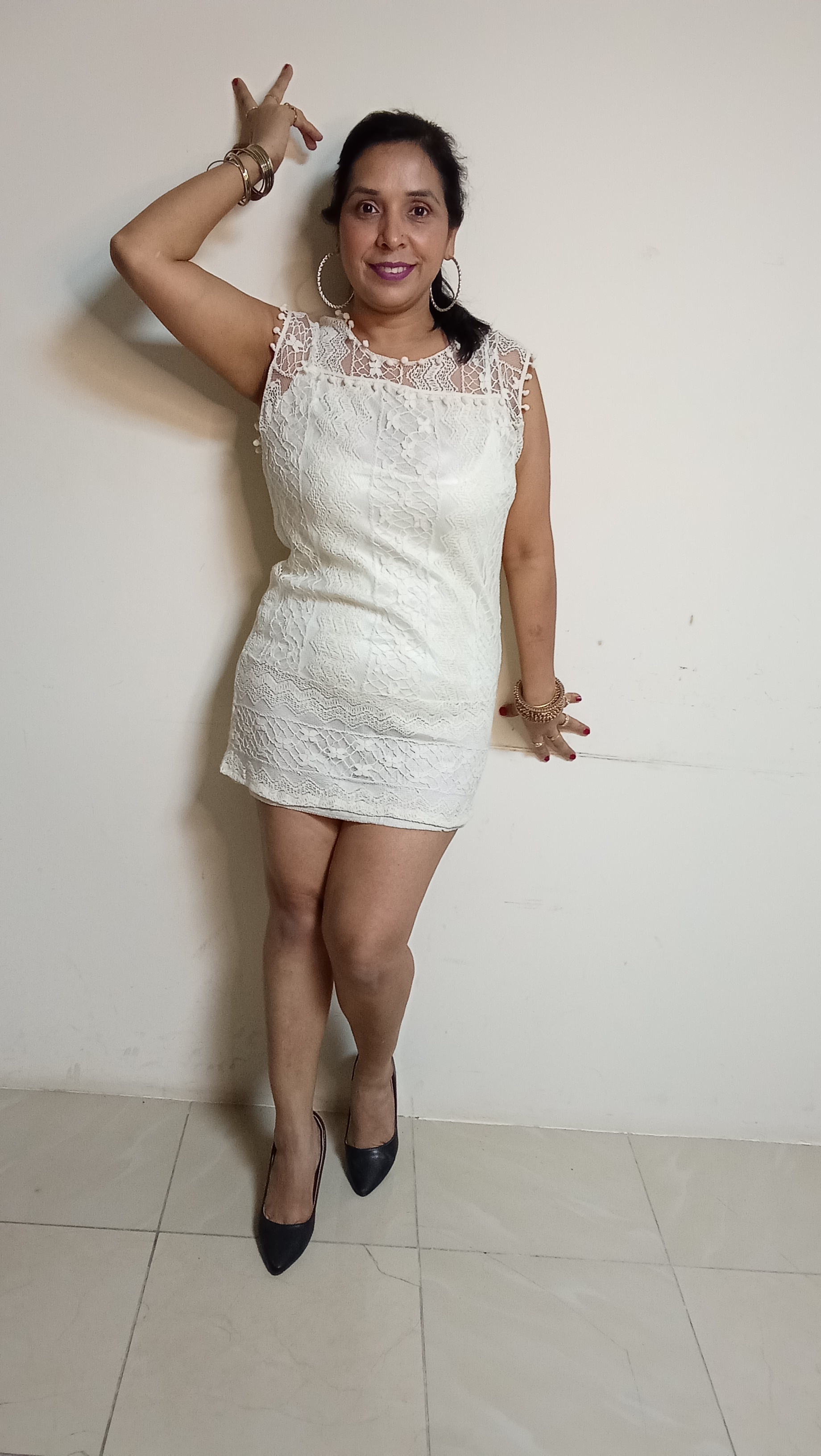 Ivory Lace Mini Dress with Pom-Pom Trim & Illusion Neckline