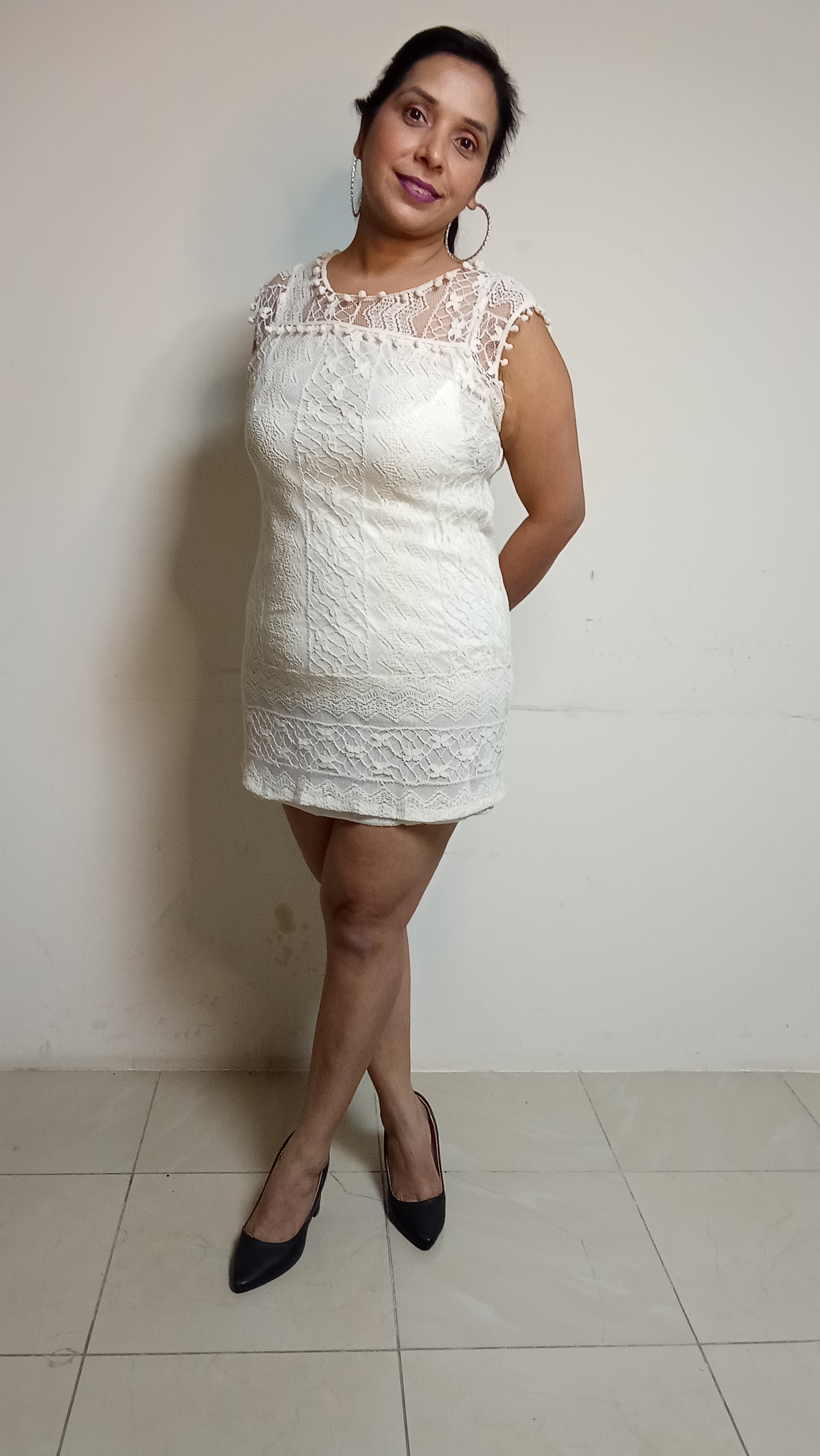 Ivory Lace Mini Dress with Pom-Pom Trim & Illusion Neckline