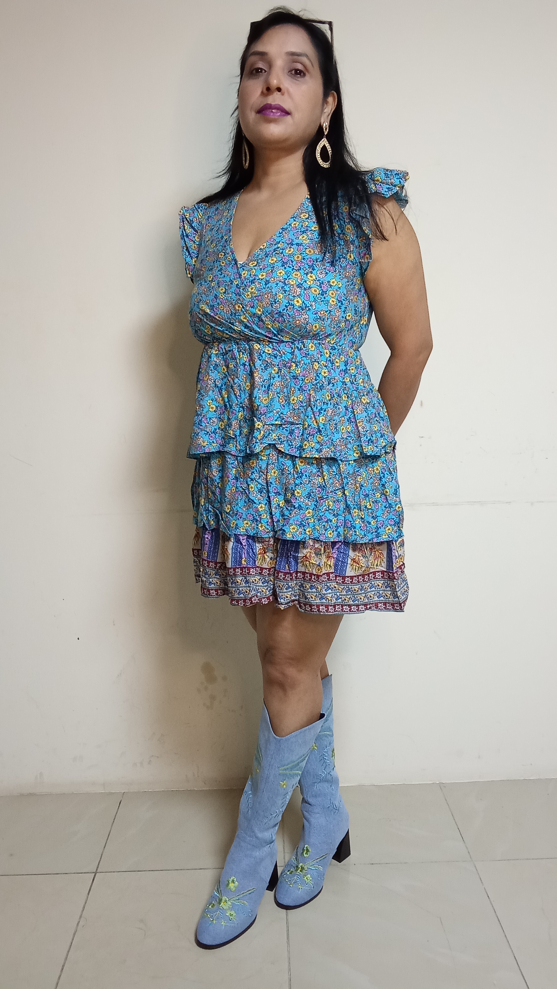 Cerulean Bloom Tiered Boho Mini Dress with Flutter Sleeves