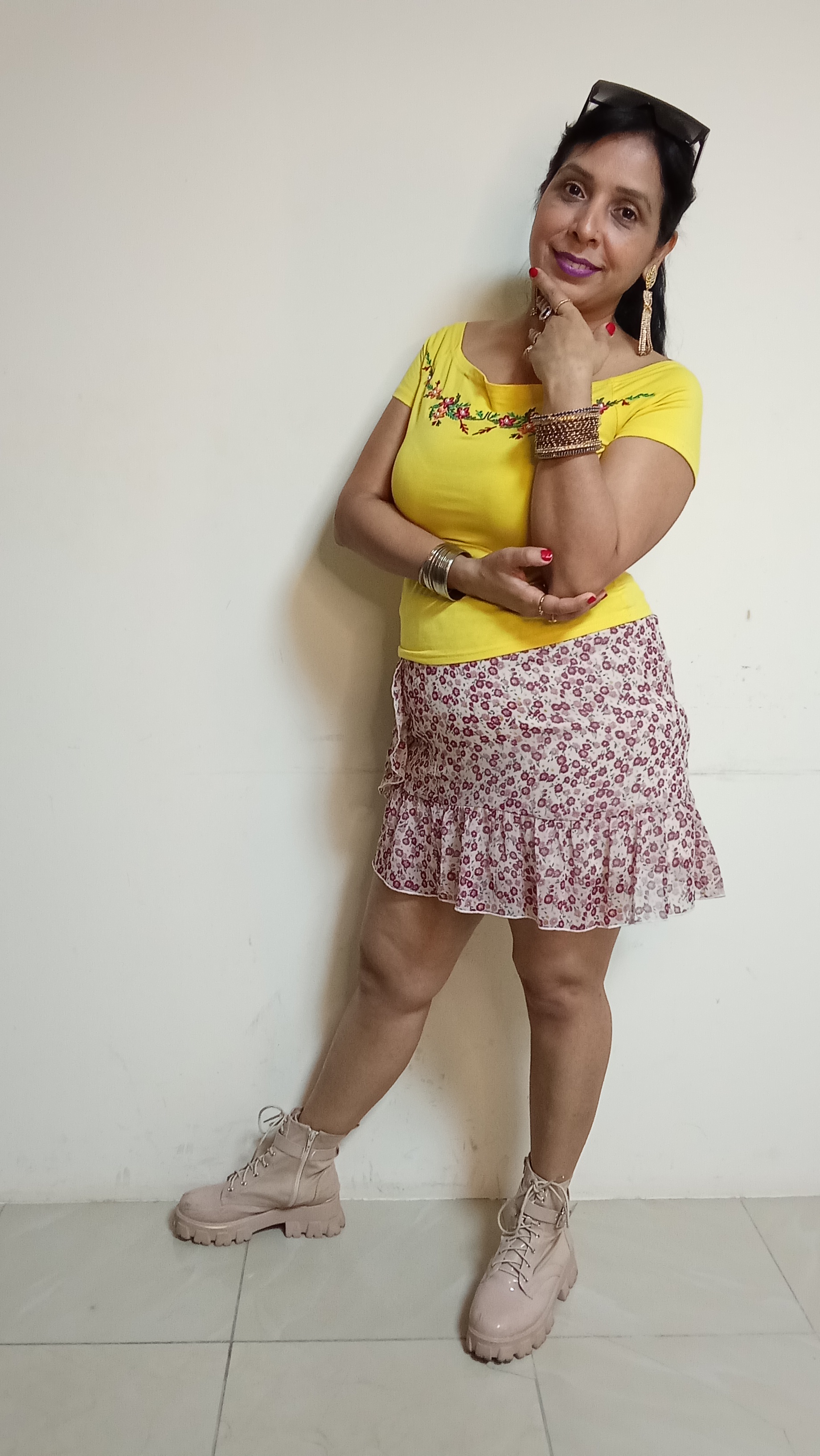 Marigold Embroidered Tee & Floral Ruffle Mini Skirt Set