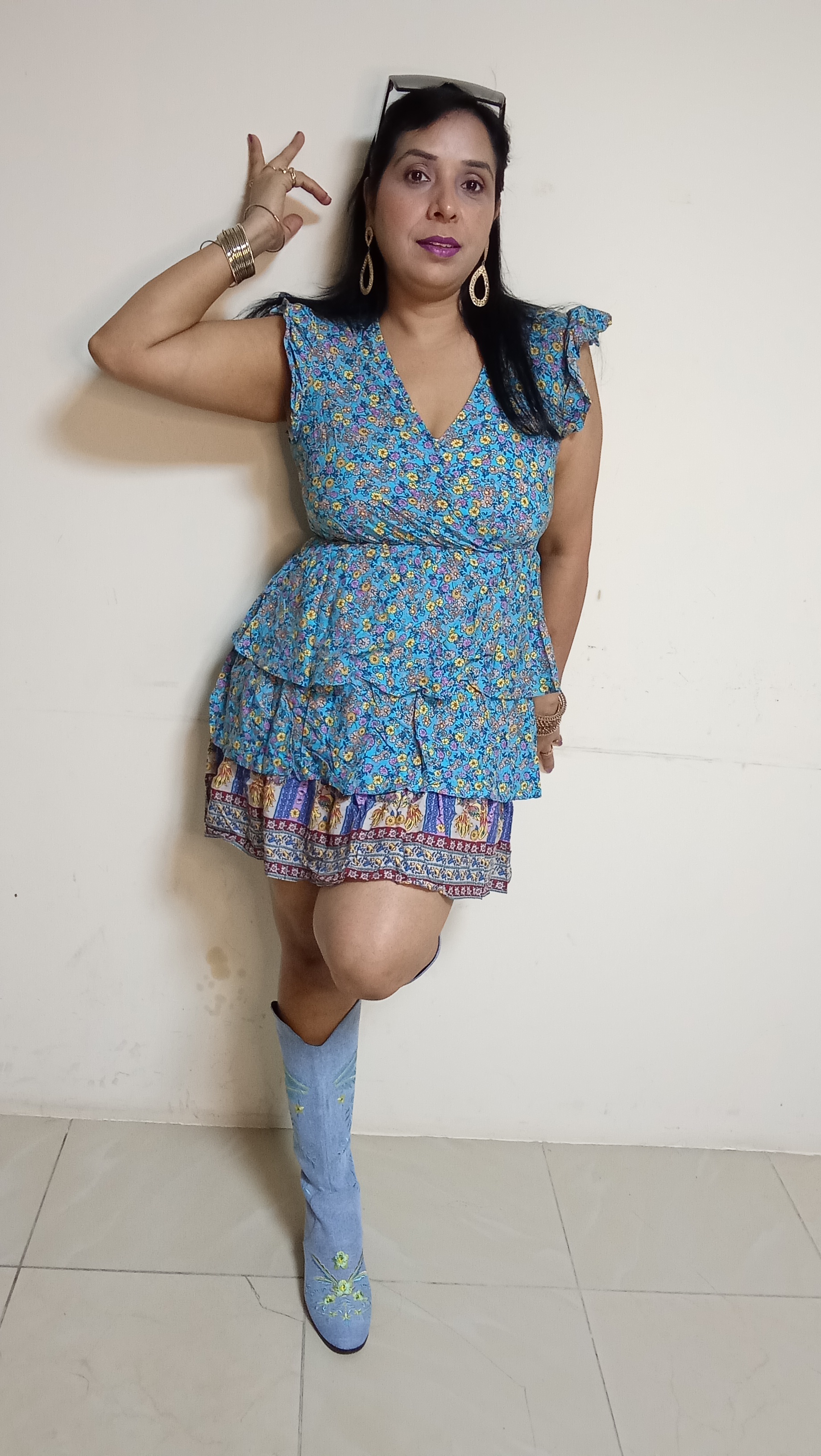 Cerulean Bloom Tiered Boho Mini Dress with Flutter Sleeves
