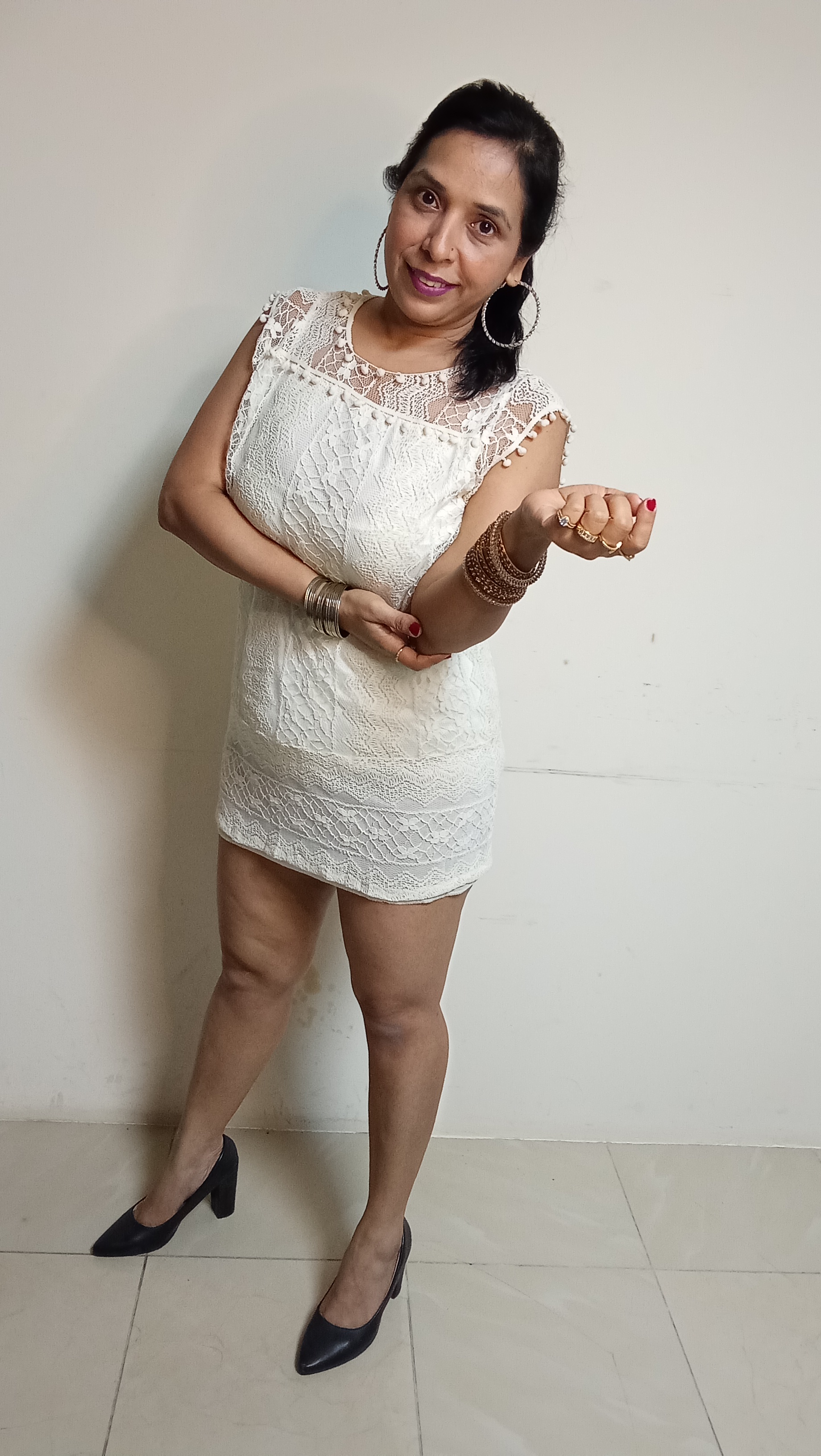 Ivory Lace Mini Dress with Pom-Pom Trim & Illusion Neckline