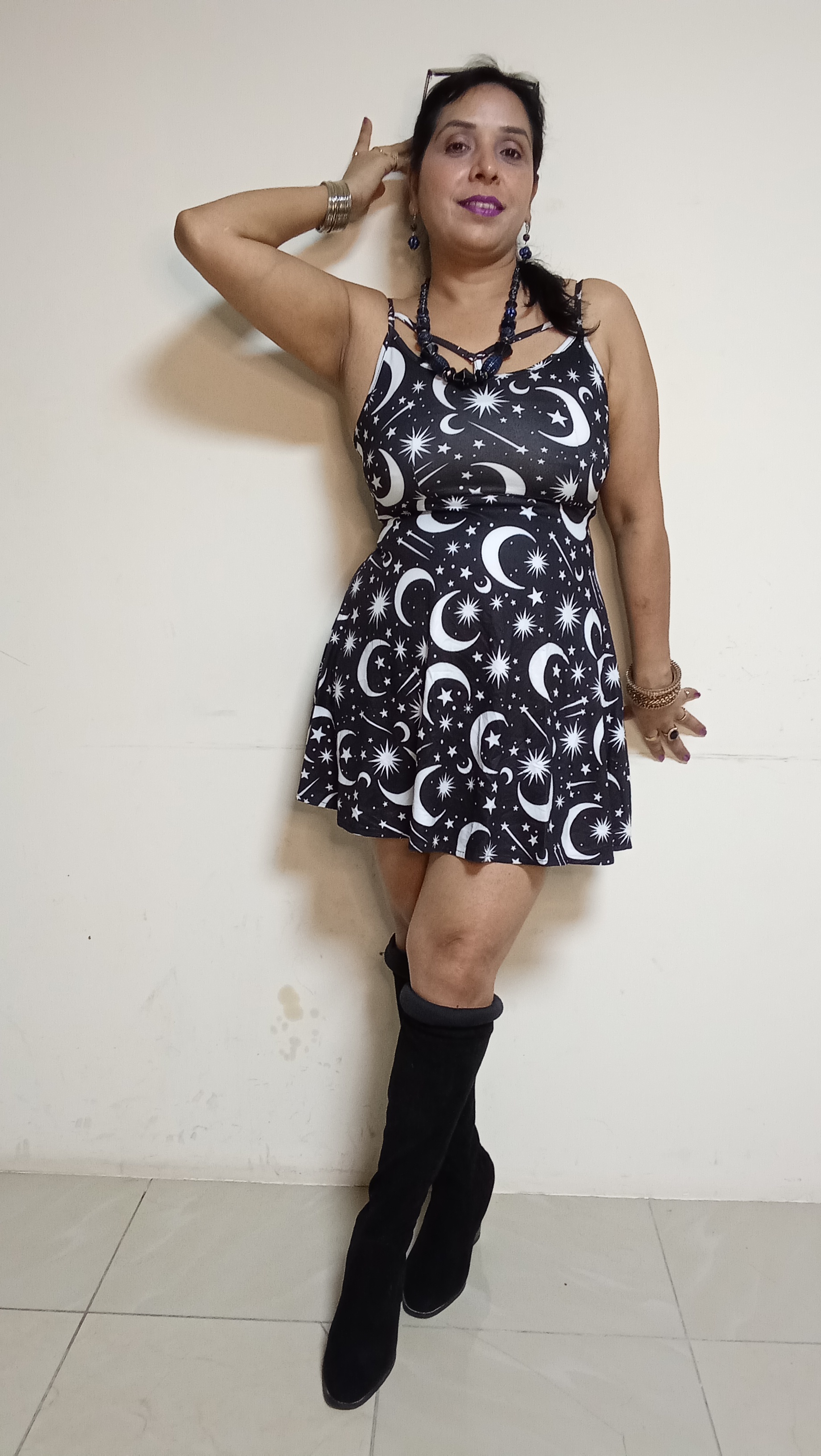 Celestial Midnight Mini Dress with Star & Crescent Moon Print