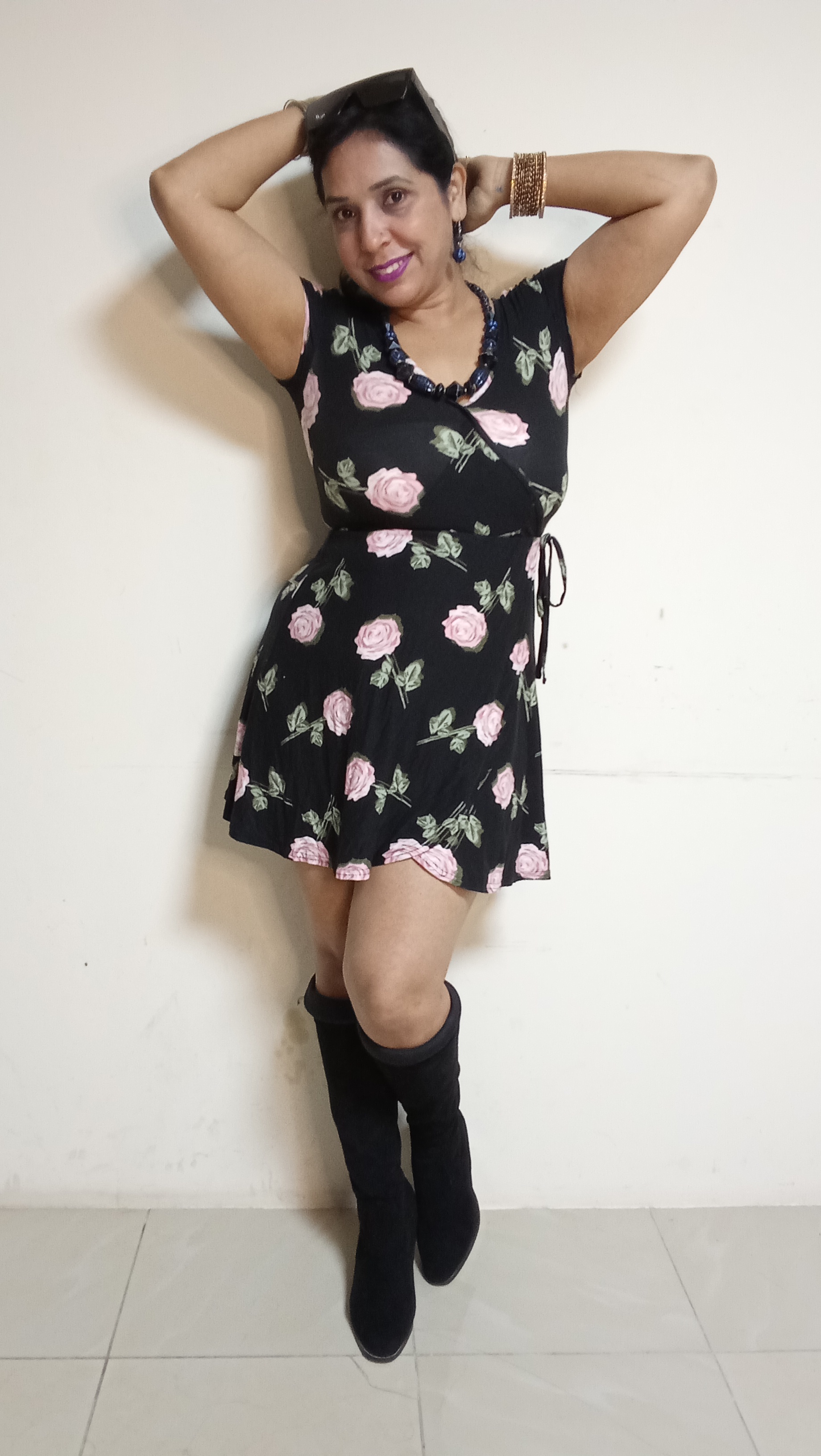 Midnight Rose Wrap-Style Mini Dress in Romantic Floral Print